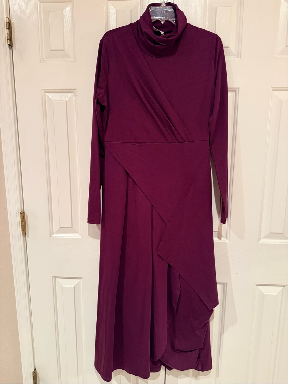 Modesees Long Sleeve Purple Wine Turtleneck Draped Maxi Dress with Pockets